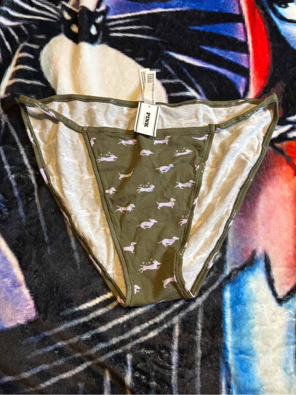 PINK Victoria's Secret Olive Green Bikini Briefs with Light Pink Dachshund Print